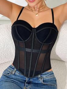 RAHQ Áo croptop nữ màu đen xuyên thấu bằng vải lưới, dây đeo có thể điều chỉnh, cổ áo hình trái tim, eo khoét xương, thích hợp mặc mùa hè. - màu đen - Xem 5