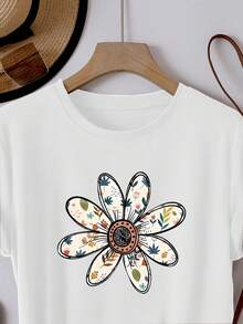 Camiseta de manga corta con estampado floral vintage, top casual de cuello redondo para mujer, adecuada para uso diario en primavera/verano, ropa de mujer. - Blanco - Ver 3