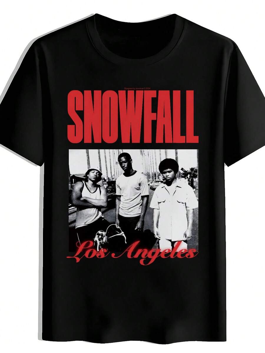 SNOWFALL T-shirt med tre svartvita tryck, sommar, rundhalsad kortärmad T-shirt, avslappnad vardagstopp, herrkläder, t-shirt, toppar, festkläder, luftig för varmt väder, perfekt för vardagsbruk & present, perfekt för semester & fritid, tropisk sommar, semesterkläder. - Svart - Visa 1
