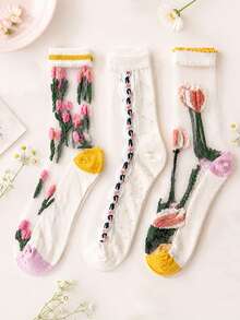 3 Pairs Vintage Floral Pattern Sheer Glass Silk Socks, Sweet & Fashionable, Breathable & Comfortable, Moisture-Wicking, Suitable For Daily Wear, Spring/Summer/Autumn - Multicolor - View 8