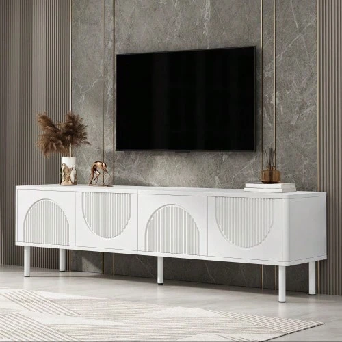 Modern 180cm TV Stand With Storage Space, Matte Surface & Cable Management – Minimalist Design For Living Room, Bedroom Or Hallway - White - View 1