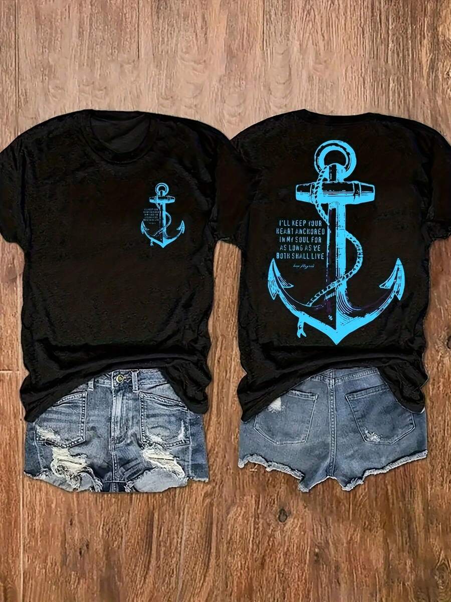 Camiseta estampada de cuello redondo, top casual de manga corta para mujer, ropa de mujer - Transpirable y agradable para la piel
