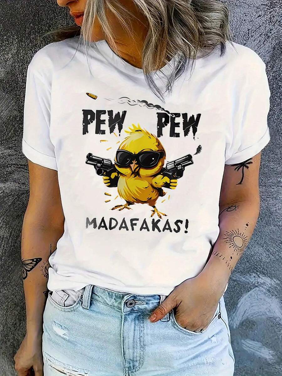Women's Short-Sleeved Cotton T-Shirt With English Chick Print, Fashionable Round Neck T-Shirt, Casual And Sporty Style, Comfortable Summer Vacation Top For Women. - 白色 - 查看 1