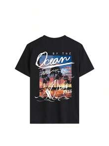 Camiseta holgada para mujer con estampado de palmeras y atardecer en el océano, suave y transpirable, estilo casual, estilo boho playero, manga corta, adecuada para vacaciones de verano, viajes a la playa, fiestas con fogatas y resorts tropicales, color negro. - Negro - Ver 2