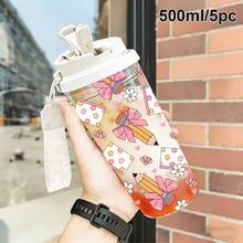 Conjunto de 5 copos de plástico de 500ml com canudo, alça e tampa à prova de vazamentos. Copo transparente para café gelado com estampa de lápis, laço e flores. Ideal para uso diário e como presente para professores, estudantes e meninas que desejam beber suco, café e outras bebidas. - Lápis de laço multicolorido - Ver 12