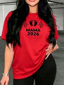 Camiseta de algodón para mujer 2026, modelo conmemorativo "Futura Mamá", con la inscripción MAMA 2026, camiseta de cuello redondo para mujer, ideal para primavera y verano, regalo para ocasiones informales, de compras o fiestas, y para reuniones con amigos. Camiseta unisex de algodón holgada de manga corta y cuello redondo estilo vintage urbano - Rojo - Ver 6