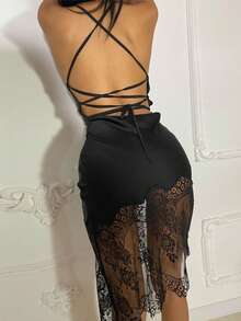 Vestido elegante con encaje combinado espalda descubierta y lazos - Negro - Ver 2