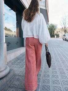 Pantalones largos de tiro medio en rayas azules con detalle de gran puño en rayas horizontales.Pantalones de primavera para mujer, ropa de verano, atuendos de vacaciones para mujer, parte superior de vacaciones, atuendo casual. - Rosa vieja - Ver 2