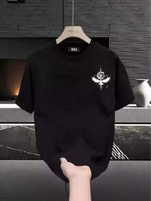 Men's Casual Crew Neck T-Shirt - Eagle And Compass Graphic Print, Short Sleeves, 100% Regular Fit, Slightly Stretchy And Breathable Fabric, Machine Washable For Casual Wear And Family Outfits, Available In Plus Sizes. Loose And Comfortable For Summer. - White - View 7