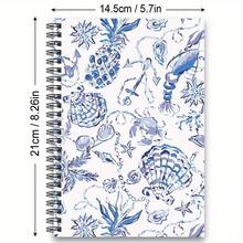 1 Peça Caderno com Espiral, com Design Temático de Oceano com Elementos de Abacaxi, Estrela-do-mar, Concha, Âncora, Caranguejo, Coral, Flores, Corrente e Camarão - Item Temático de Oceano Azul e Branco na Moda, Adequado para Uso no Escritório e na Escola - F - Visão 7