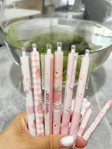 12支/套（随机图案）学生桃子图案按压式圆珠笔，可爱粉色，适合女生，0.5毫米黑色墨水，返校必备文具，办公签名笔 - 多色 - 查看 3