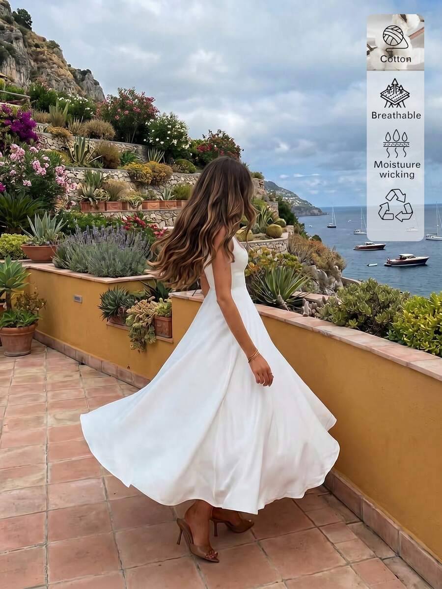 Vestido de tela tejida con cierre de cremallera, de unicolor de algodón, elegante y casual, adecuado para citas por la noche, vacaciones, bodas, primavera/verano - Blanco - Ver 1