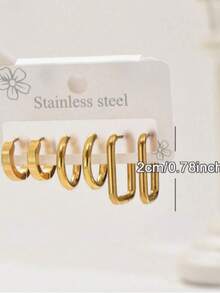 6pcs Set High Quality Minimalist Stainless Steel Earrings, Suitable For Daily Wear, Parties, Birthdays, Also Can Be Given As Jewelry Gifts - Yellow Gold - View 4