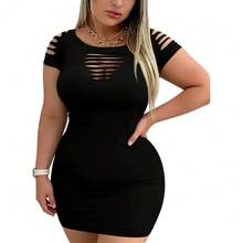 Vestido Mini Bodycon Elástico de Talla Grande para Mujer con Manga Corta, Aberturas y Detalles Acanalados, Estilo Atrevido y Sexy para Primavera, Verano, Fiesta o Uso Diario - Negro - Ver 4