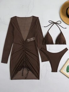 Women's Solid Color Sexy Elegant Tie-Back Backless Bikini Set, Suitable For Vacation & Beach Summer - Coffee Brown - View 9