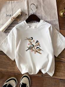 Women's Short-Sleeved, Round-Neck T-Shirt, Available In Various Colors, Women's Sizes, Natural Landscape Pattern With Four Birds Perched On Branches And Flowers, Modern, Base Layer, Casual Outing, Individual Style, For All Seasons, Casual Wear - 白色 - 查看 6