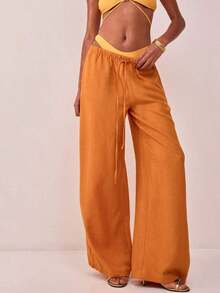 Pantalones de lino con textura, con cintura de corbata, para vacaciones de verano, elegantes, bohemios, casuales, para el aeropuerto, de primavera - Marrón - Ver 12
