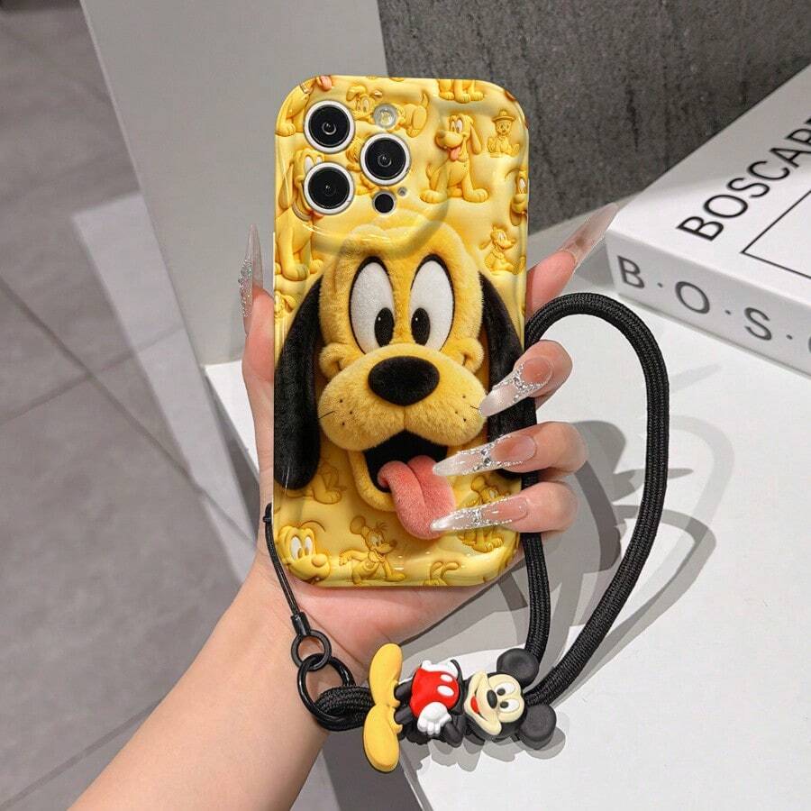 Disney Mickey Mouse Clubhouse Phone Case : 3D Fluffy Pattern Border Protector Phone Soft Phone Case With A Free Cute Mickey Bracelet Chain Lanyard, Mickey, Minnie, Goofy, Donald Duck, Daisy Duck, Pluto, For Apple 17 Promax 17 Pro 16 15 14 13 12 11 Pro Max XS Max X XR Soft Cover Summer Phone Case - 白色 - 查看 1