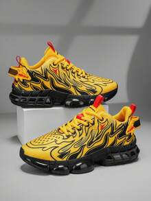 Men's Spring/Summer New Design Flame Pattern Print Outdoor Running Shoes, Personalized Mesh Breathable Comfortable Daily Sports Sneakers - Yellow - View 6