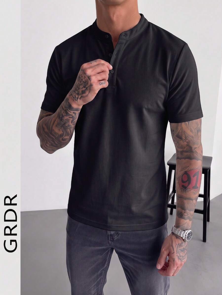 GRDR 男士经典纯色亨利领短袖衬衫，商务休闲风必备单品，夏季衣橱必备