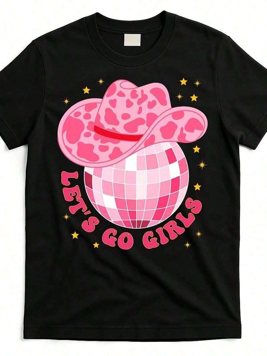 Camiseta vaquera con sombrero de vaquero, bola de discoteca, ¡vamos chicas! , vaqueras del oeste, chd5982462, color negro, imagen del productoCamiseta de estilo deportivo juvenil Camiseta cómoda de algodón Ropa callejera trendy para hombres Ideal para entrenamiento correr y atuendos de todos los días - Negro - Ver 1