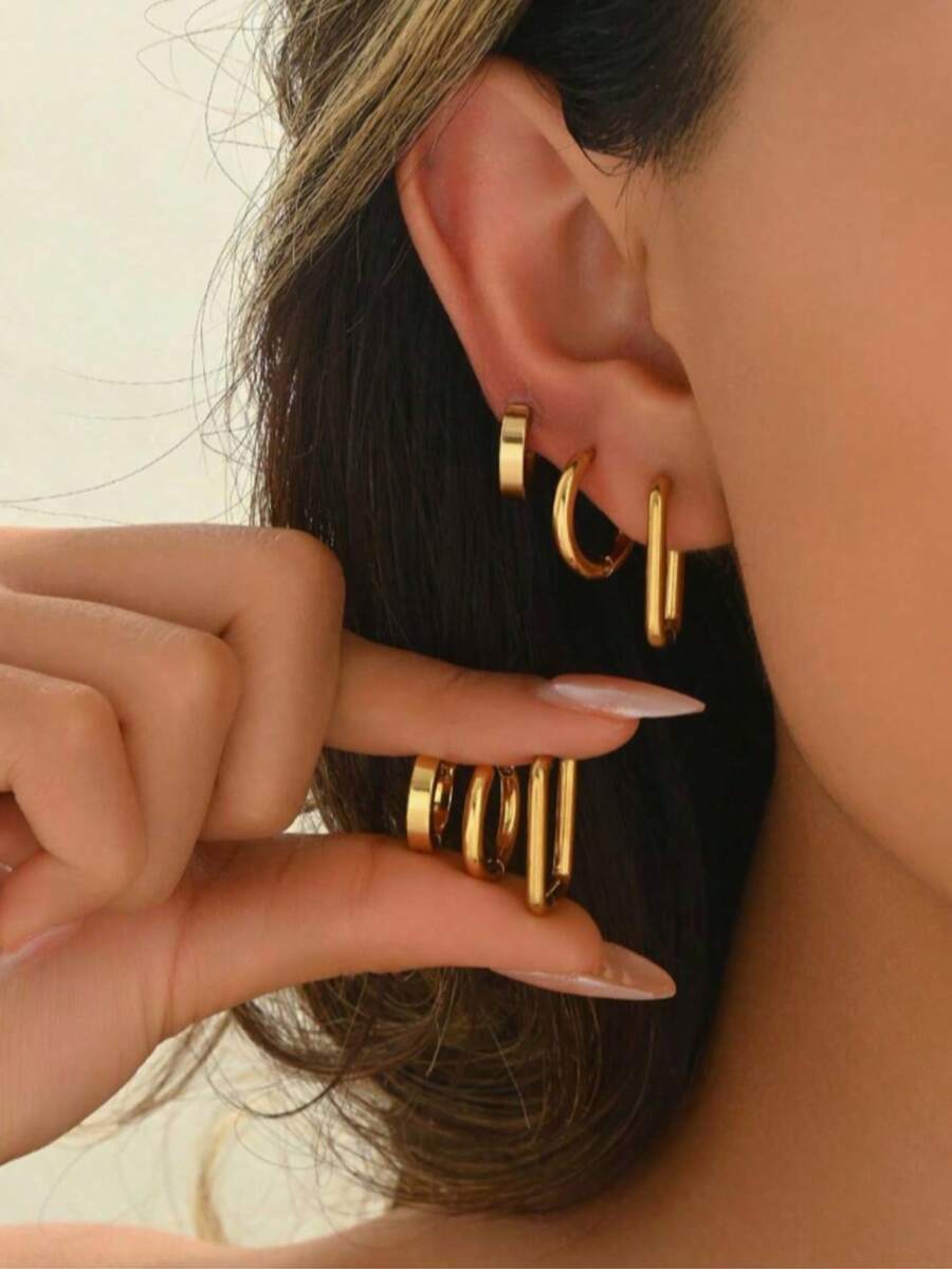 6pcs Set High Quality Minimalist Stainless Steel Earrings, Suitable For Daily Wear, Parties, Birthdays, Also Can Be Given As Jewelry Gifts - Yellow Gold - View 1