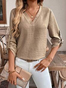 Camisa elegante y sencilla con cuello en V para mujer, camisa informal sofisticada con manga con puños de Color puro, ropa de oficina, moda informal - Caqui - Ver 1