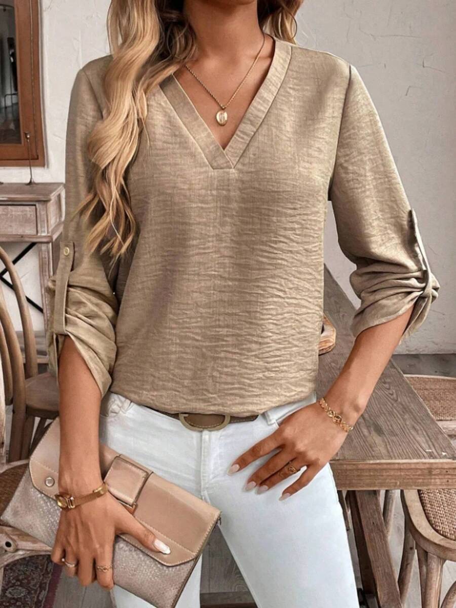 Camisa elegante y sencilla con cuello en V para mujer, camisa informal sofisticada con manga con puños de Color puro, ropa de oficina, moda informal - Caqui - Ver 1