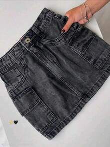 Graphite And Blue Cargo Denim Skirt With Side Pockets. - 深灰色 - 查看 4