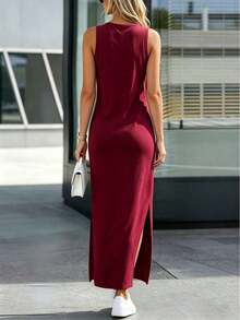 Vestido de punto casual de mujer con cuello redondo y dobladillo con abertura lateral en gris claro - Burdeos - Ver 6