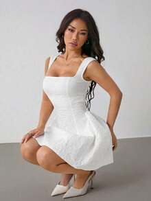 PETITE Vestido midi sin mangas de color blanco sólido para mujer, simple y casual para uso diario - Marrón - Ver 10