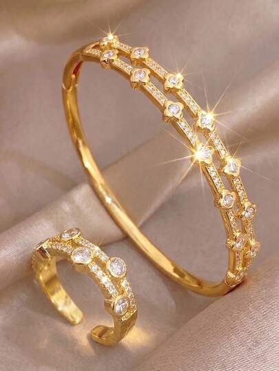 18K Gold Plated Stainless Steel Elegant Sparkling Bracelet For Women, Suitable For Daily Wear, Party Accessories, Birthday/Anniversary Gifts, Bohemian Style, Suitable For Halloween, Christmas, Thanksgiving, Summer Jewelry, Mother's Day, Back To School, Birthday, Wedding Gifts