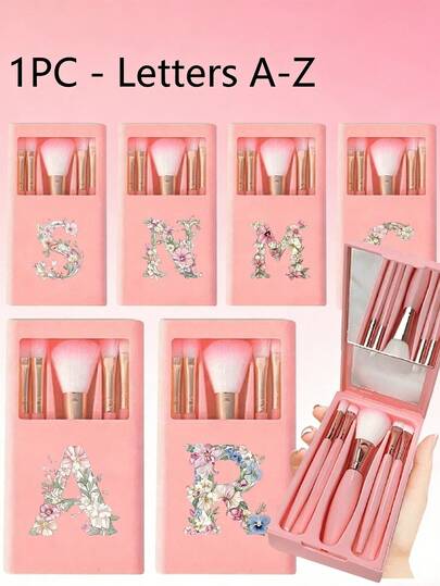 A Set Of Five Piece Portable Makeup Brush Set, With Mirror, Floral Letters A-Z, Box Makeup Brush Set, Multi-Functional Makeup Brush Set, With Mirror Box, Mini Multi-Functional Makeup Pen, Foundation Make-Up Brush, Eye Shadow Brush, Beginner Beauty Tools, Mixed Brush Makeup Storage Rack, Makeup Brush Set, Easy To Carry, Girl Gift, Makeup Tool Set, Ideal Gift, Portable Travel Supplies, Travel Necessities