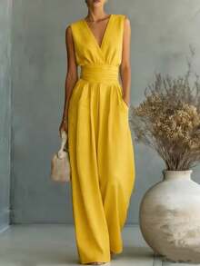 2026 Women Sleeveless Jumpsuit European American Spring Summer New Elegant V Neck Cinched Waist Casual Long Romper For Daily Wear Party - 黃色 - 查看 5