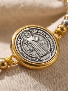 ZIRUISP Pulseira com Medalha de São Bento para Homens e Mulheres, Pulseira Trançada de Aço Inoxidável Ajustável com Contas, Amuleto de Proteção Religiosa Católica, Presentes Espirituais de Batismo para Ele, Ela e Família - Pulseira de contas de São Bento - Visão 2