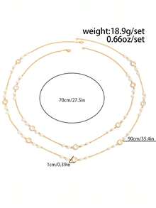 1 Set Of 2pcs Luxury Faux Pearl Layered Necklace, Retro Tasseled Sweater Chain, Delicate Design With Micro-Inlaid Rhinestones, Suitable For Women's Daily, Vacation, And Formal Occasions - Gold - View 7