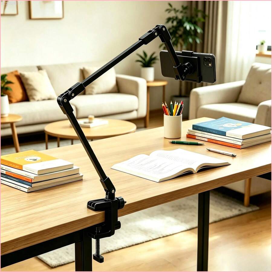 All-Metal Multi-Section Lazy Phone And Tablet Stand, Compressible And Adjustable Phone And Tablet Stand, 360° Rotation, Stable And Strong Load-Bearing, Adjustable Cantilever, Universal Phone And Tablet Stand, Easy To Store - Black - View 1