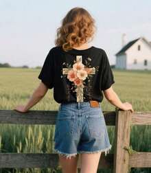 Faith Cross Christian Shirts For Women With Floral Cross Print, Graphic Women's Short-Sleeved T-Shirts, Wrinkle-Free Cotton T-Shirts For Women, Tops For Women. - Black - View 5