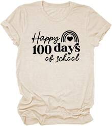 Women's Love Heart Print T-Shirts, Teacher's Day Gift Shirts, Teacher Life T-Shirts, Happy 100 Days Of School Summer Shirt, Short-Sleeve T-Shirt / Short-Sleeve Tee - 杏色 - 查看 2