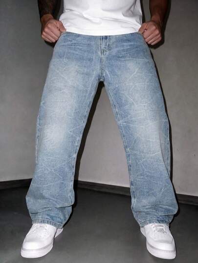 Men's Seasonal Distressed Floral Embroidered Washed Jeans, Casual Street Style Loose Straight Leg Pants