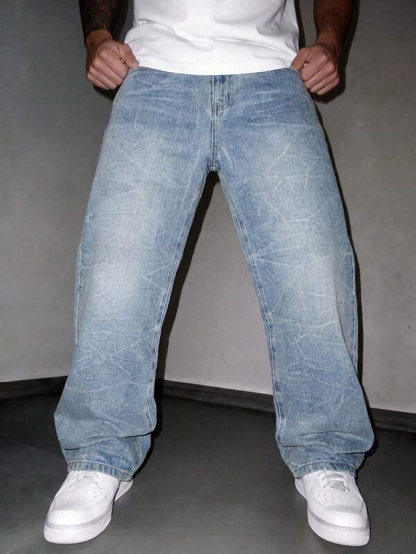 Men's Seasonal Distressed Floral Embroidered Washed Jeans, Casual Street Style Loose Straight Leg Pants