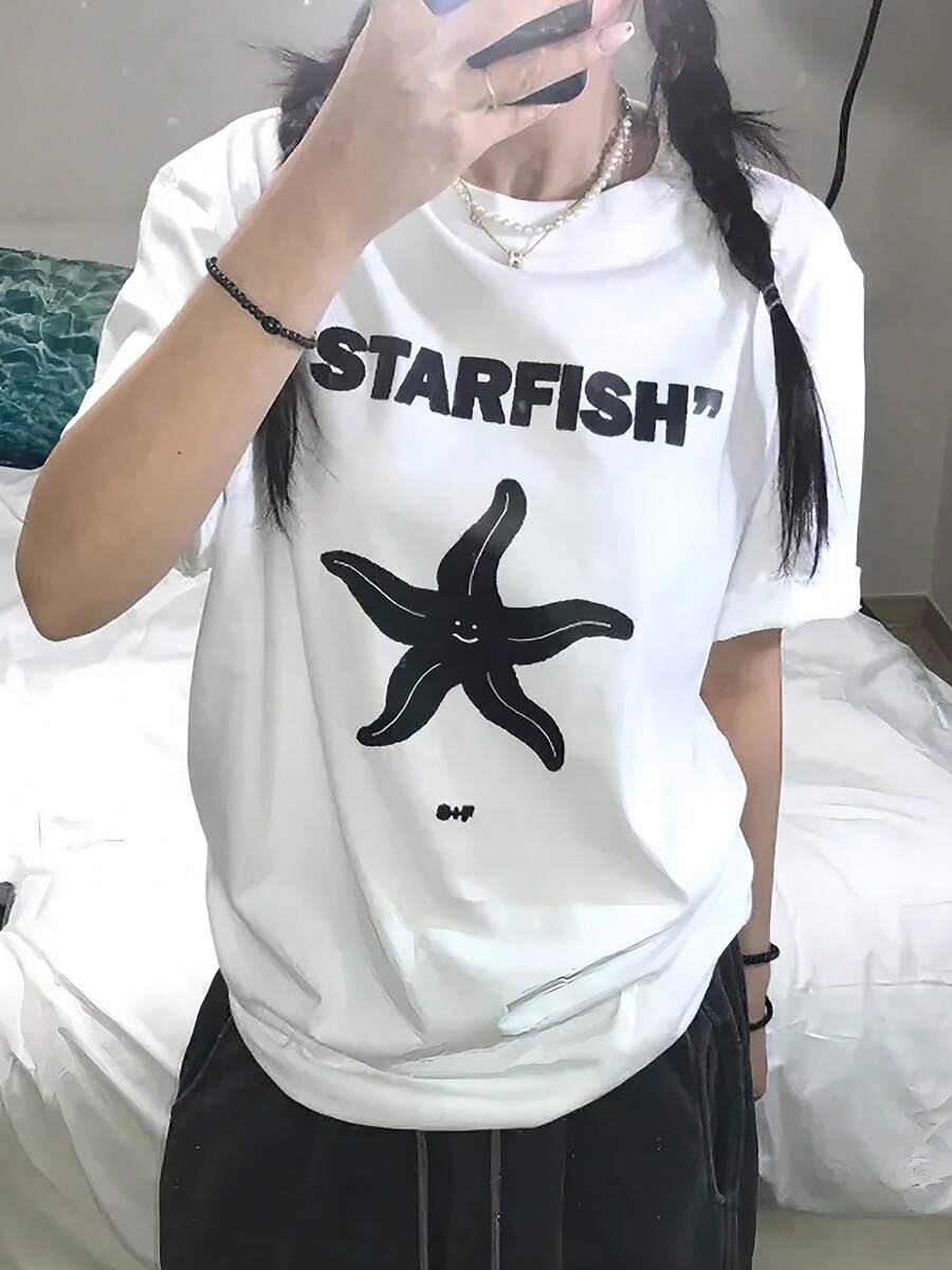 ropa de mujer Y2K, camiseta de manga corta con estampado de estrella de cinco puntas estilo cartoon para mujer, nueva moda de verano, cuello redondo holgado, diseño versátil, top blanco, camisas de mujer - Blanco - Ver 1