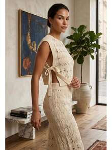 Women's Solid Color Round Neck Twist Design Top And Pants Casual Daily Holiday Coverup Set - Champagne - View 3