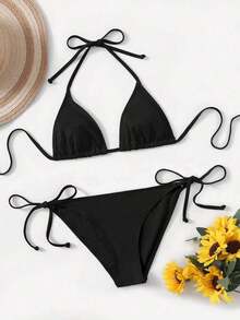 Women's Simple Solid Color Swim Bikini With A Halter Neck And Cutout, Suitable For Beach Vacations And Summer. - Black - View 3