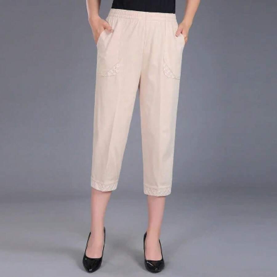 Pantalones Capri de Verano 2026 para Mujer, Talla Grande 4XL, Holgados, Casuales, Cintura Elástica, Pantalones Medios de Algodón Puro para Mujer - blanco húmedo - Ver 1