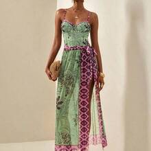 Sexy Multicolor Plants Pattern Fabric Sheer Long Dress With Spaghetti Strap For Women - Multicolor - Ver 7