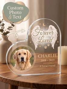 1pc Customized Pet Memorial Heart-Shaped Acrylic Plaque, Can Customize Photo And Text, Bereavement Gift, "Forever Loved" Dog/Cat Memorial Keepsake, Suitable For Home Decor, Shelf Display, Pet Owner Remembrance - Multicolor - View 2