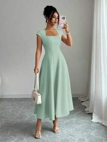 Vestido Midi Verde Oliva para Mujer , Cuello Cuadrado, Cintura Ajustada, Corte en A, Manga Corta, para Verano, Fiesta de Té, Trabajo, Playa, Vacaciones, Festival de Música, Cerveza - verde menta - Ver 5