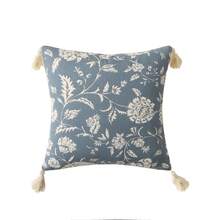 1pc Soft Canvas Floral Print Tassel Throw Pillow Cover, Vintage Farmhouse Style Decorative Cushion Case, Size 18/20 Inch, Blue, Handmade Printed - Blue - View 8