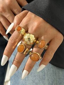 5pcs/Set Vintage Elegant Bohemian Asymmetrical Geometric Round Colorful Resin Gemstone Metal Ring Set, Suitable For Daily Stacking - Gold - View 3